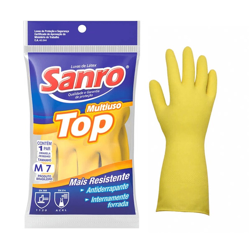 LUVA LATEX G TOP SANRO AMARELO C.A. 40044 P/LIMPEZA